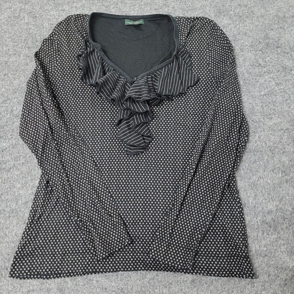 Lauren Ralph Lauren Top Womens XL Black Polka Dot Ruffle V-Neck Long SleeveShirt